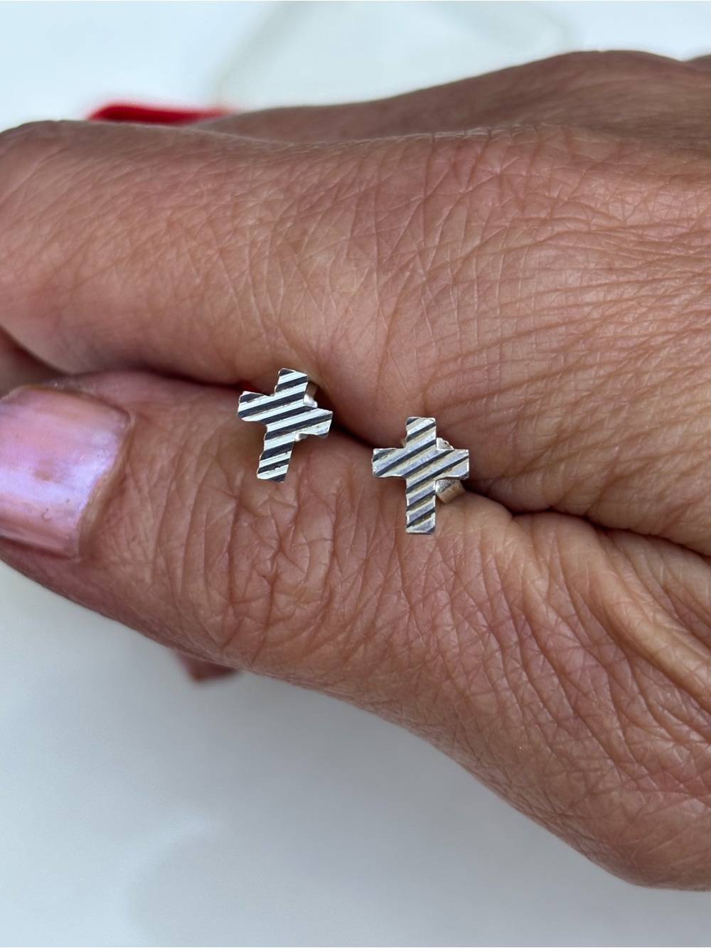 Sterling Silver Cross Stud Earrings - Striped Design